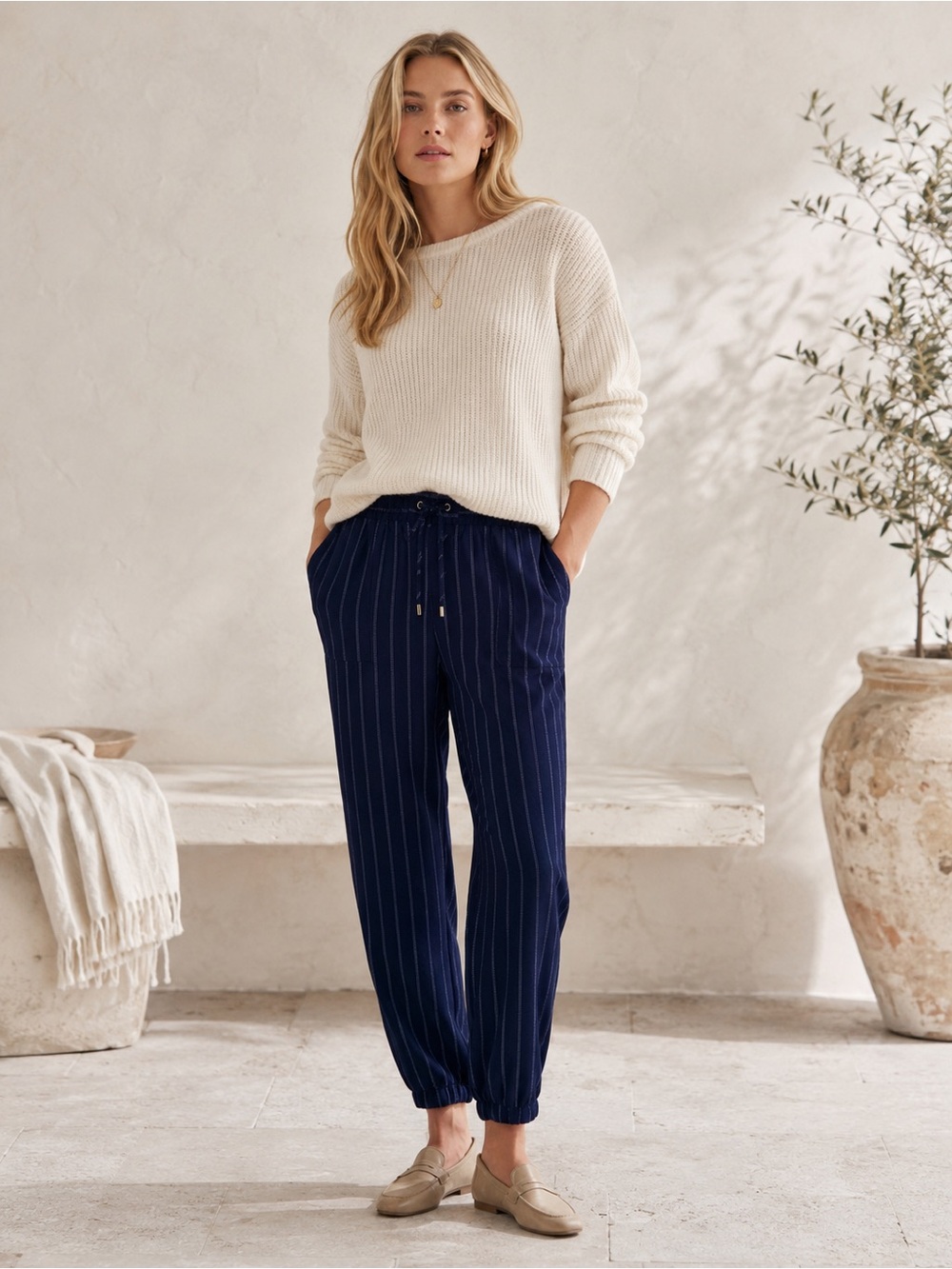 Nine West Navy Pinstripe Drawstring Jogger Pants Coastal Career Core